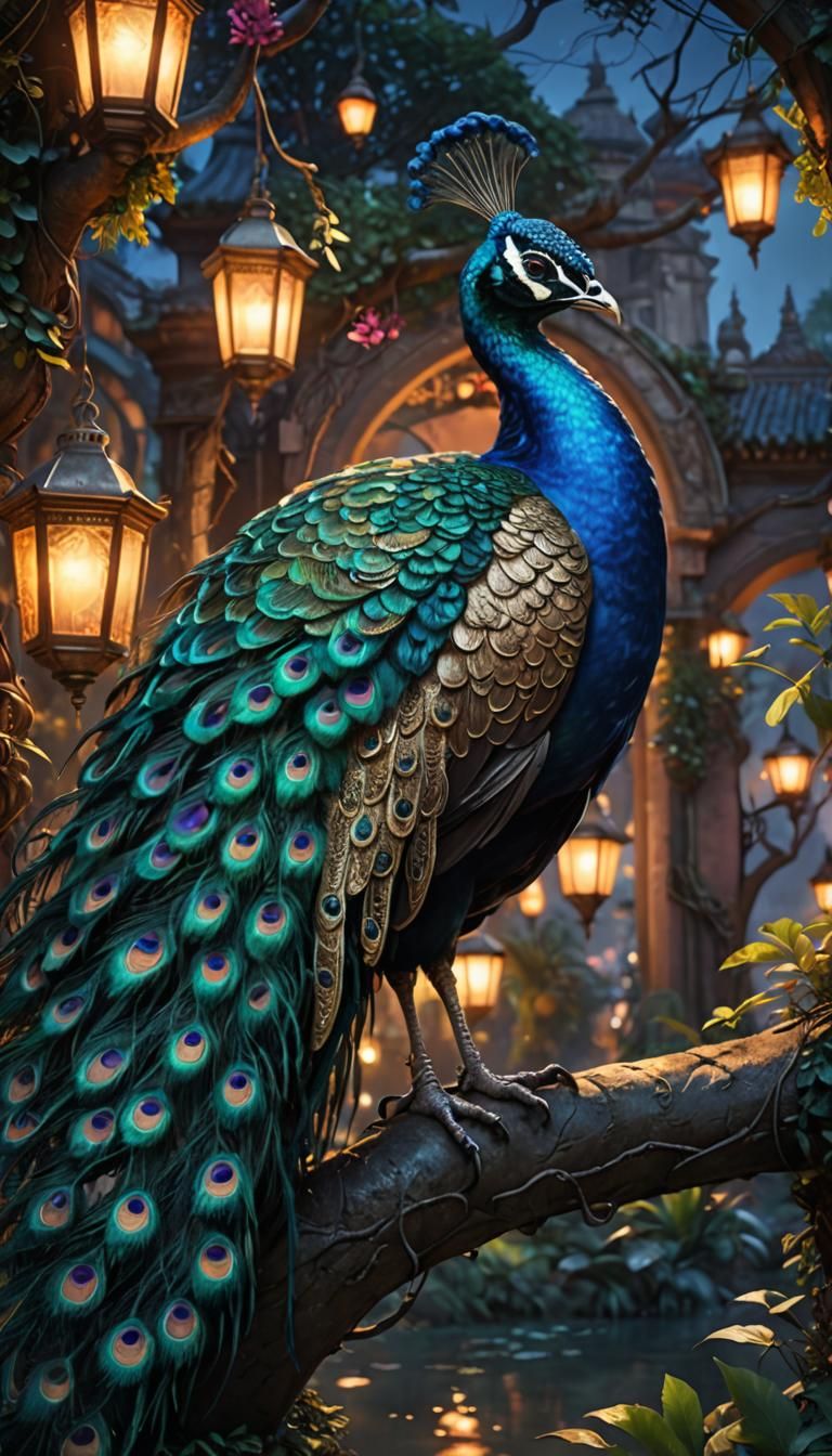 Peacock at Nightfall: A Fantasy Concept Art