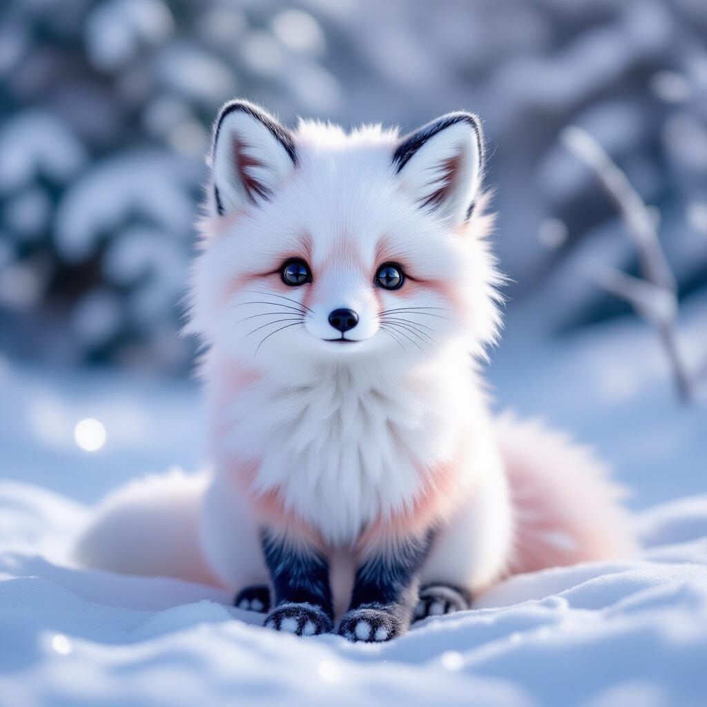 Pastel Pom Pom Arctic Fox in Snowy Scene