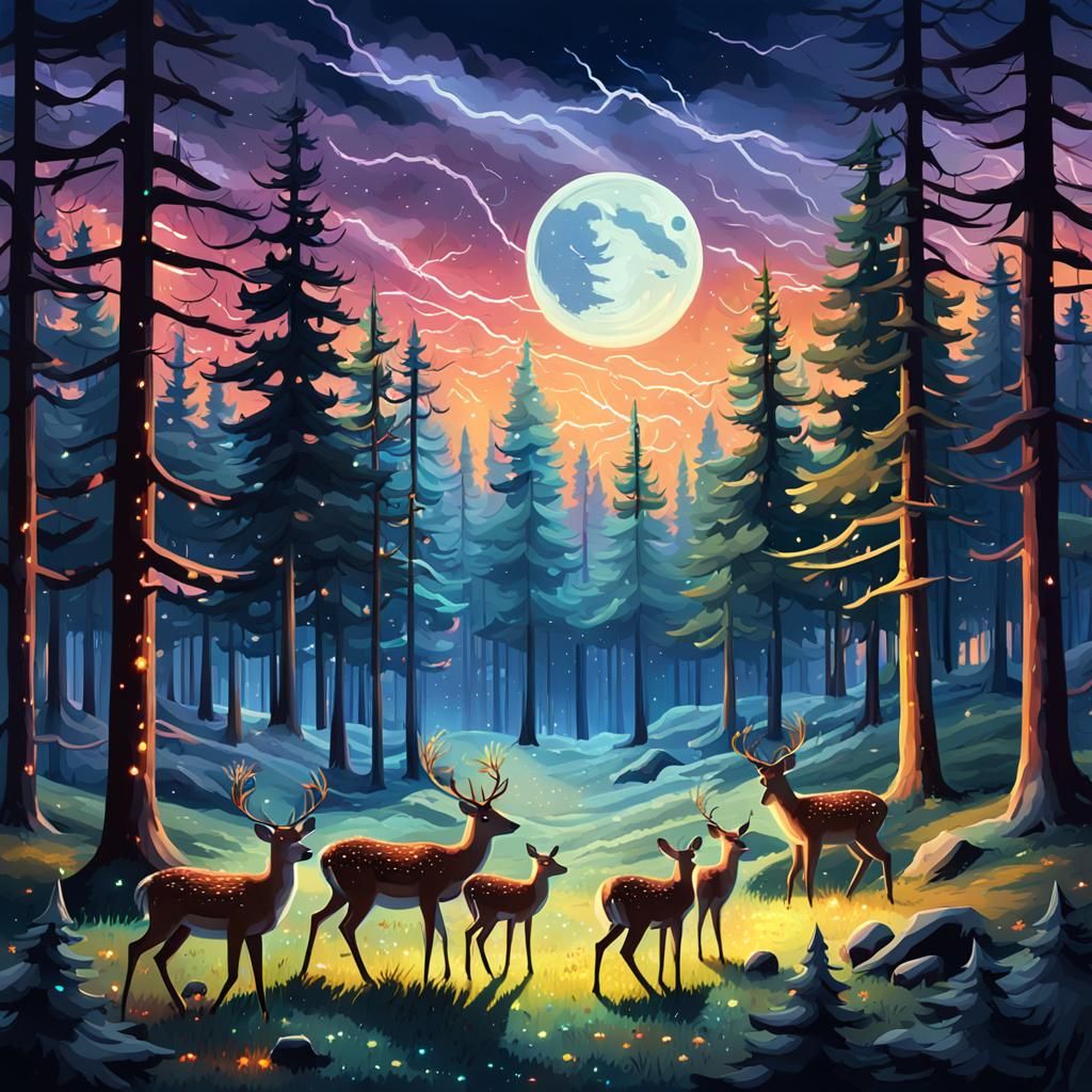 Magical Deer Families in Winter Wonderland, Digital Painting