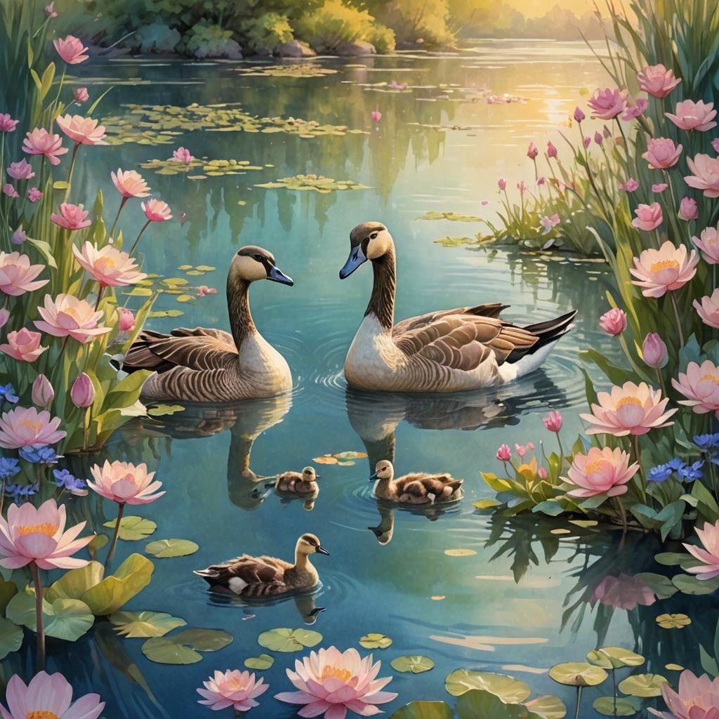 Idyllic Lake Scene with Geese: Whimsical Fantasy Art
