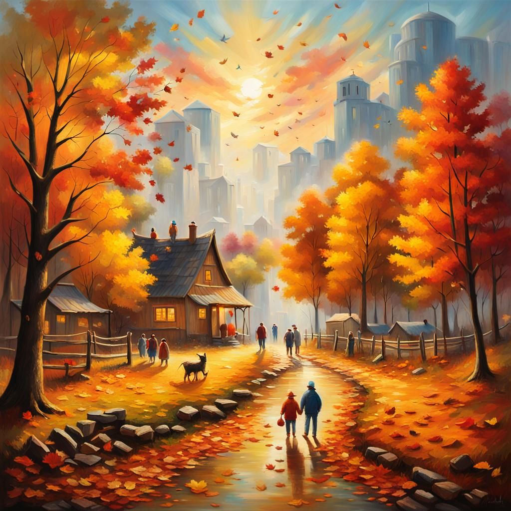 Autumn Village Celebration in Impressionist Oil Painting