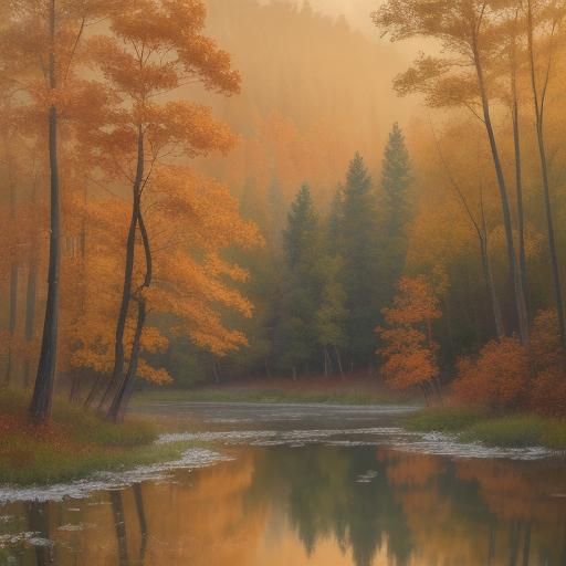 Impressionist Autumn Landscape with Cabin in Soft Focus