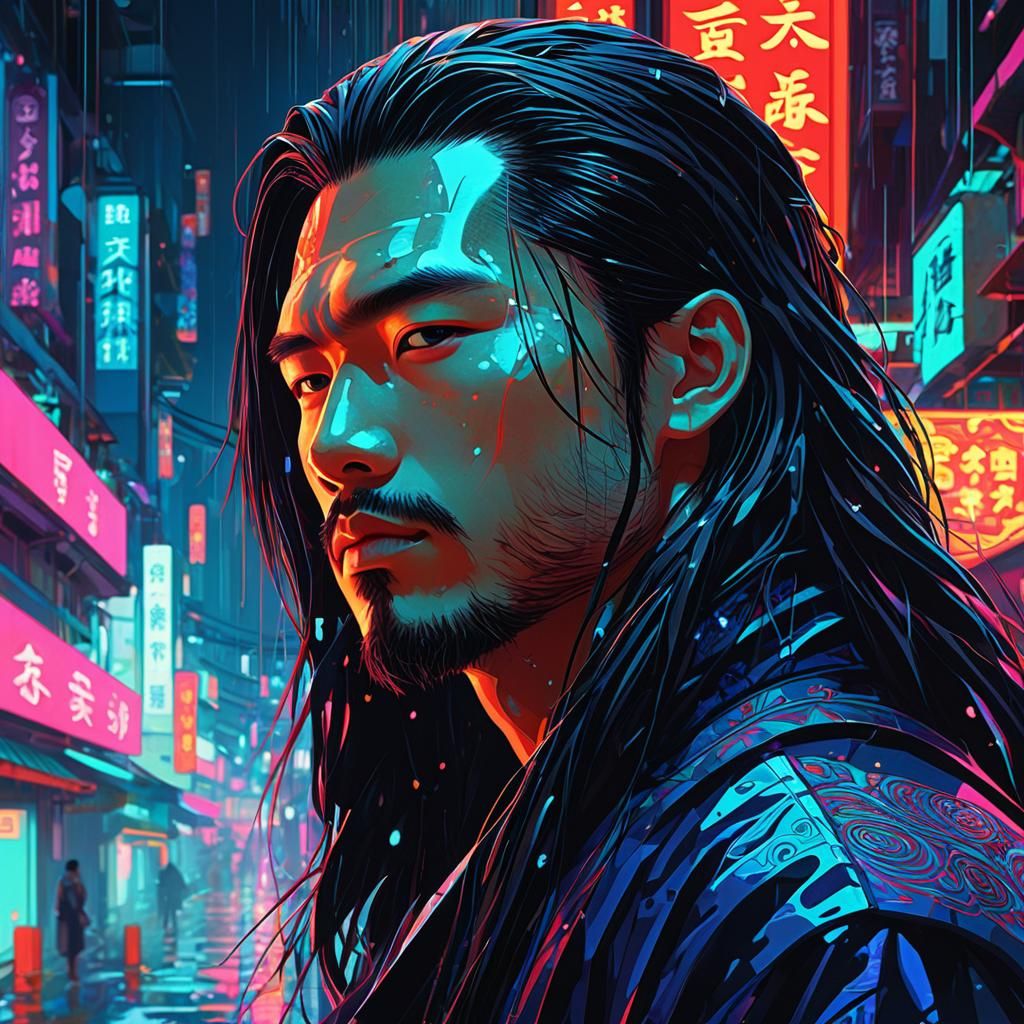 Cyberpunk Portrait with Oriental Setting in Pop Art Style