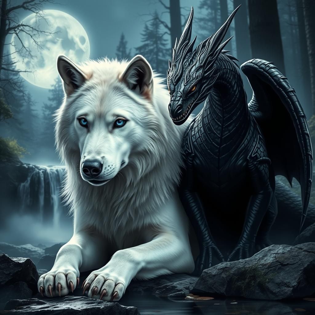 Wolf and Dragon Companions in Moonlit Forest