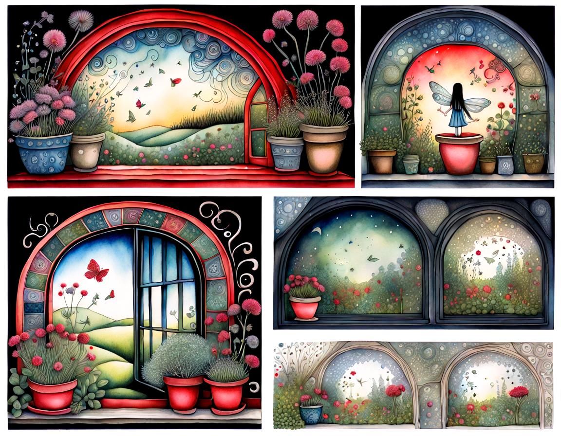 Fairy on Cottage Windowsill in Surreal Folk Art