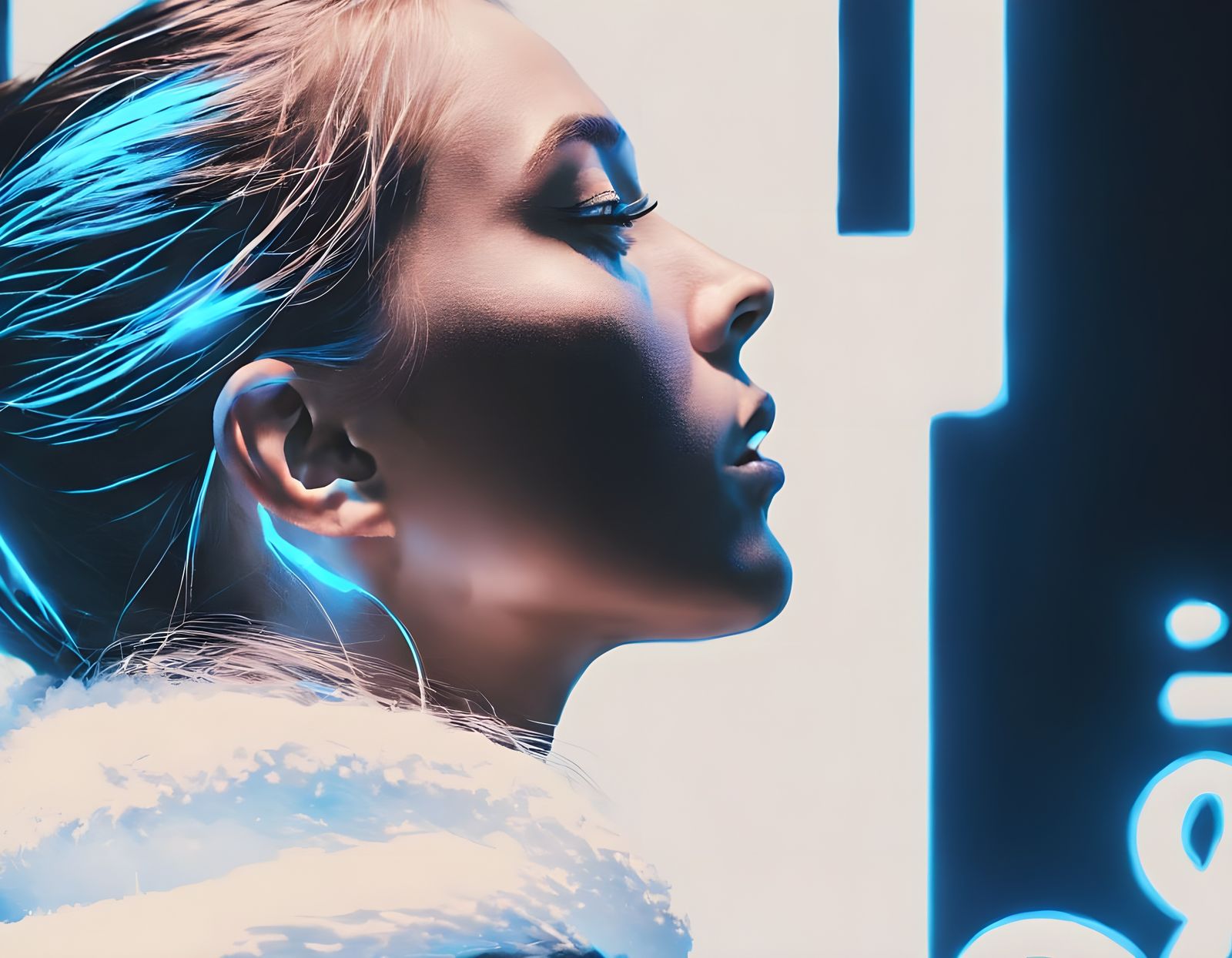 Girl Illuminated by Neon Blue Backlight in Deep Black Space