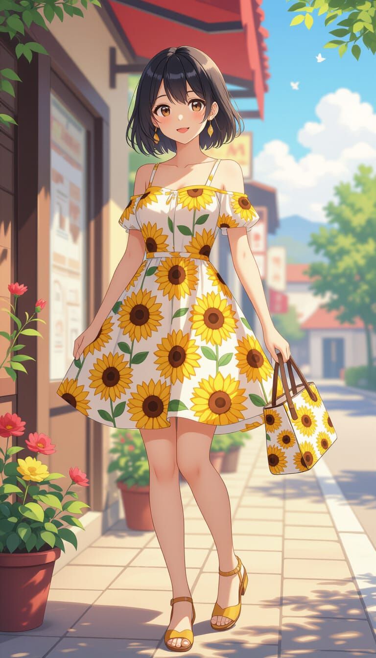 Thailandese Woman in Sunflower Dress: Anime Style