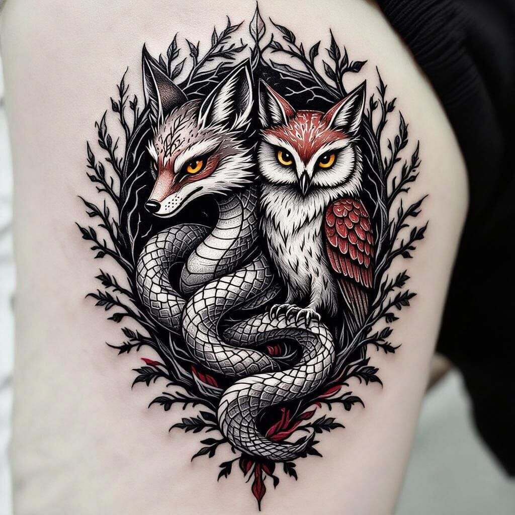 Gothic Tattoo Design: Merged Serpent, Fox, and Owl