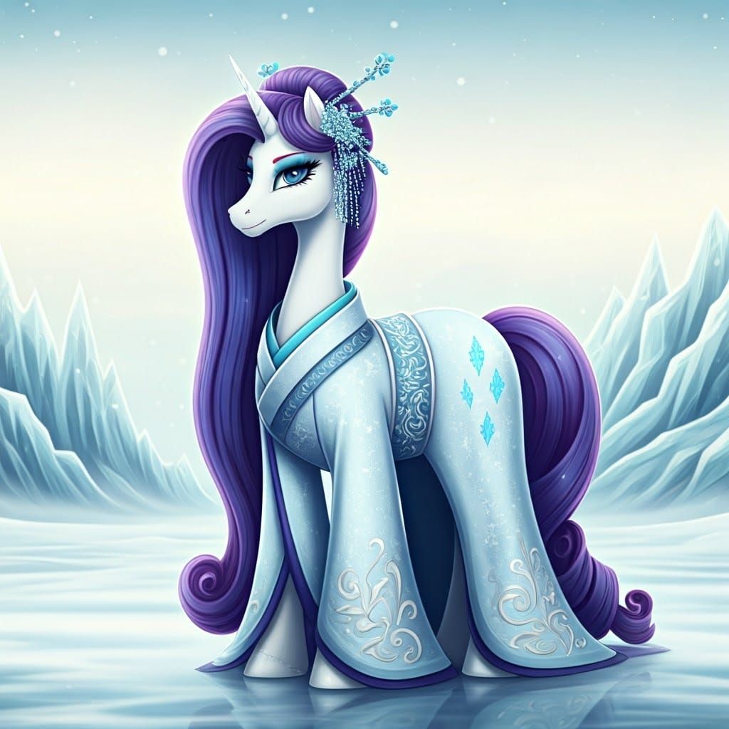 Serenely Majestic Snow Maiden in Kimono, Against Dreamy Wint...