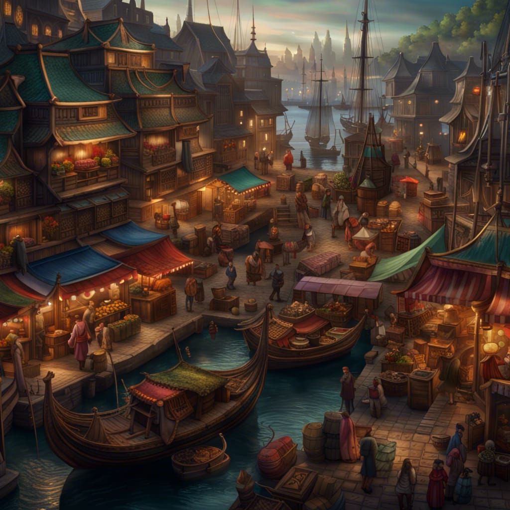 Busy Fantasy Harbor Market with Merchant Ships