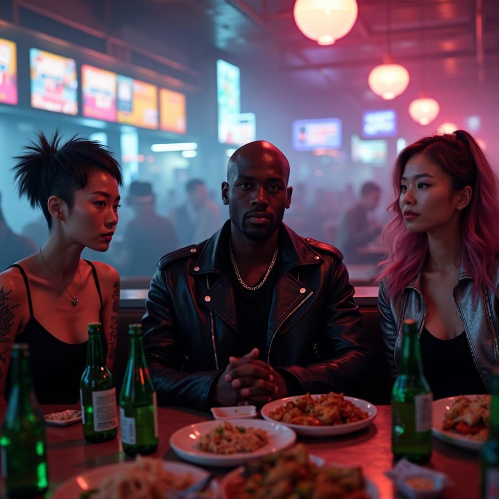 Neon Korean BBQ Scene in Cyberpunk Style