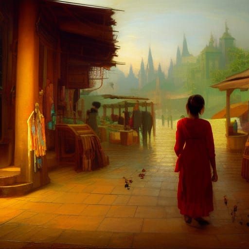 Girl in Dawn Market: Detailed Matte Painting