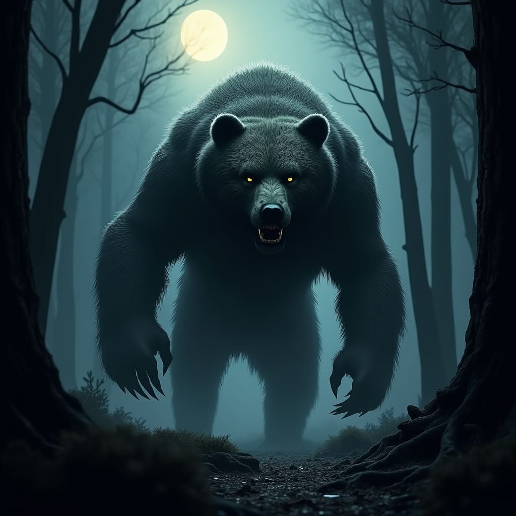 Terrifying Bear-Wolf Hybrid in Dark Gothic Forest