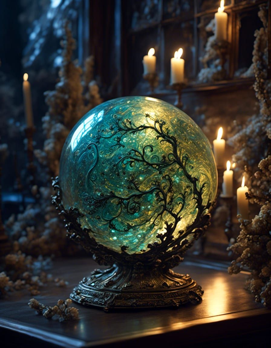 Shimmering Glass Orb Reflecting Phosphorescent Light