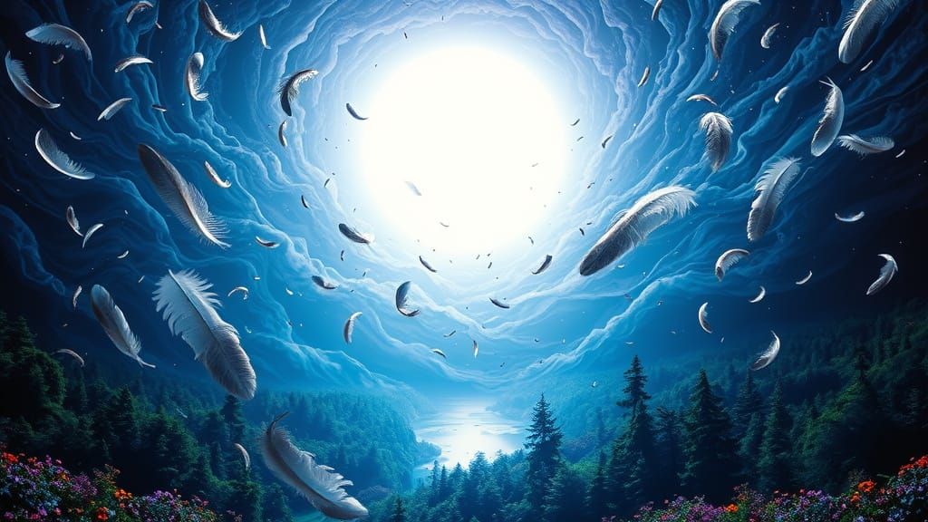 Bioluminescent Feathers Falling in Cosmic Landscape