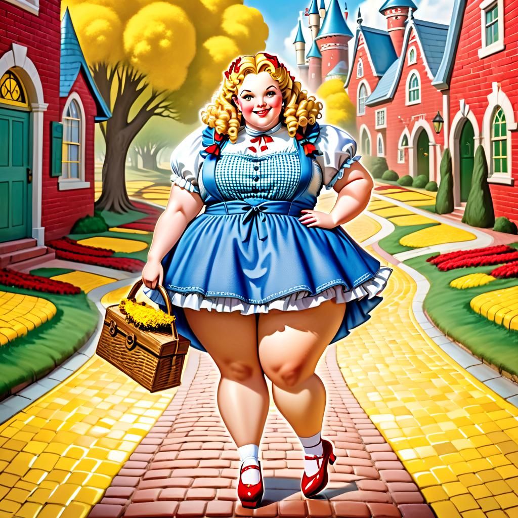 Obese Dorothy on the Yellow Brick Road