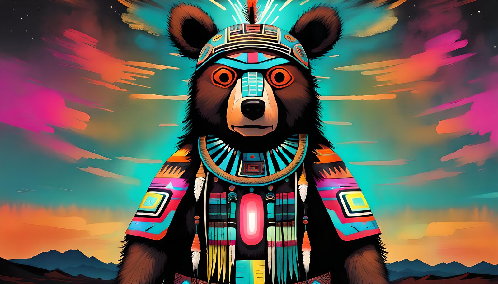 Neon Navajo Bear Kachina Doll, Detailed Illustration