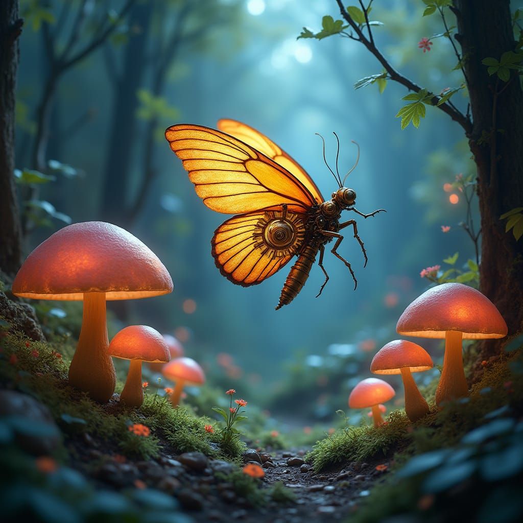 Steampunk Butterfly in Bioluminescent Forest
