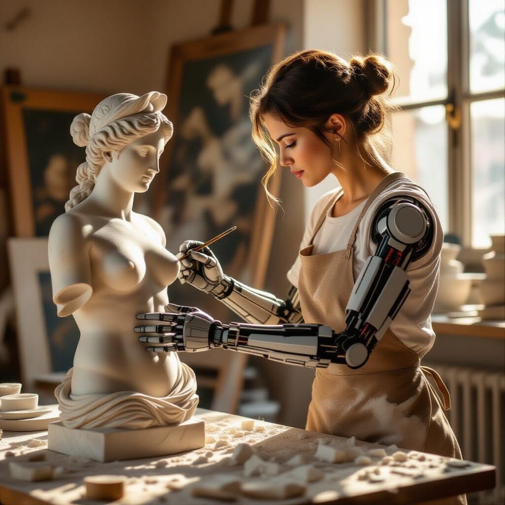 Sculptress with Neurotech Arms Creates Venus Replica