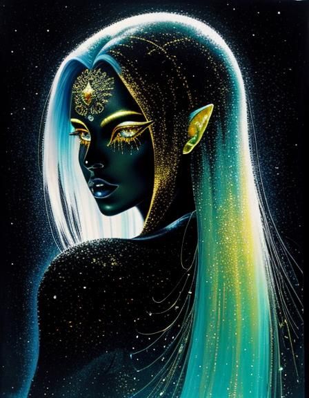 Gothic Goddess in Galaxy with Grotesque Gouache