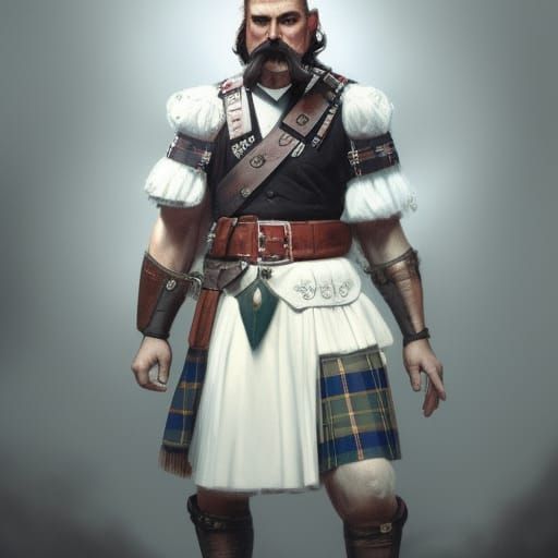 A kilt and a glorious mustache, white stockings, wore the man like armor