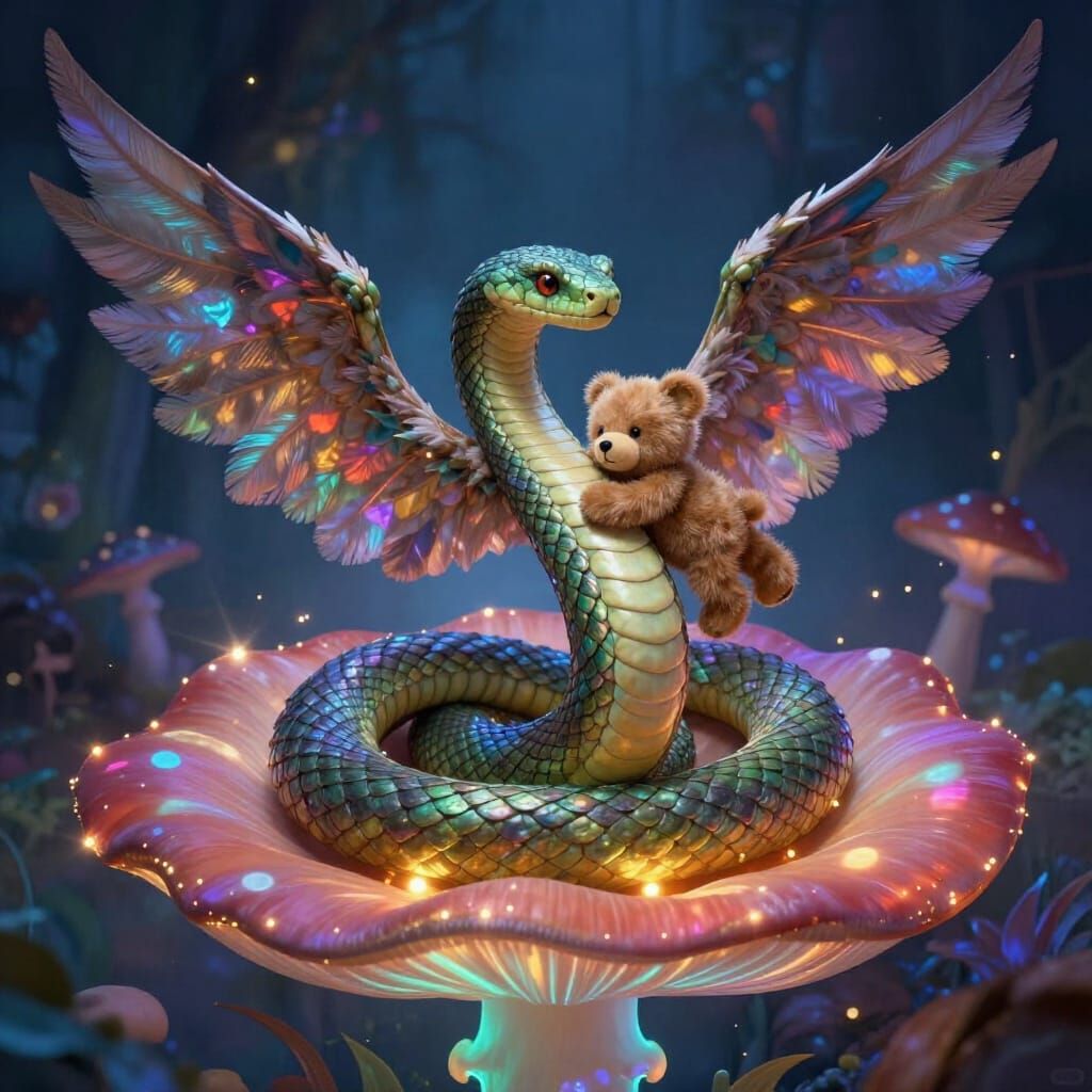 Winged Serpent Embraced by Flying Teddy Bear on Mushroom Flo...