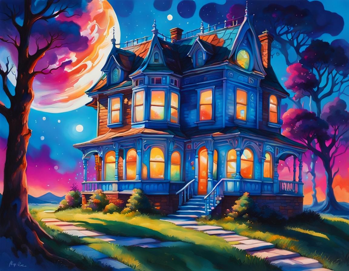 Surreal Dreamhouse Under Cheese Moon, Neon Graffiti Art