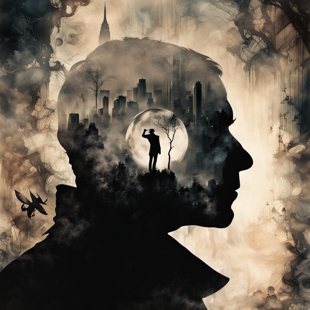 Noir Double Exposure Silhouette in Ink Art Style