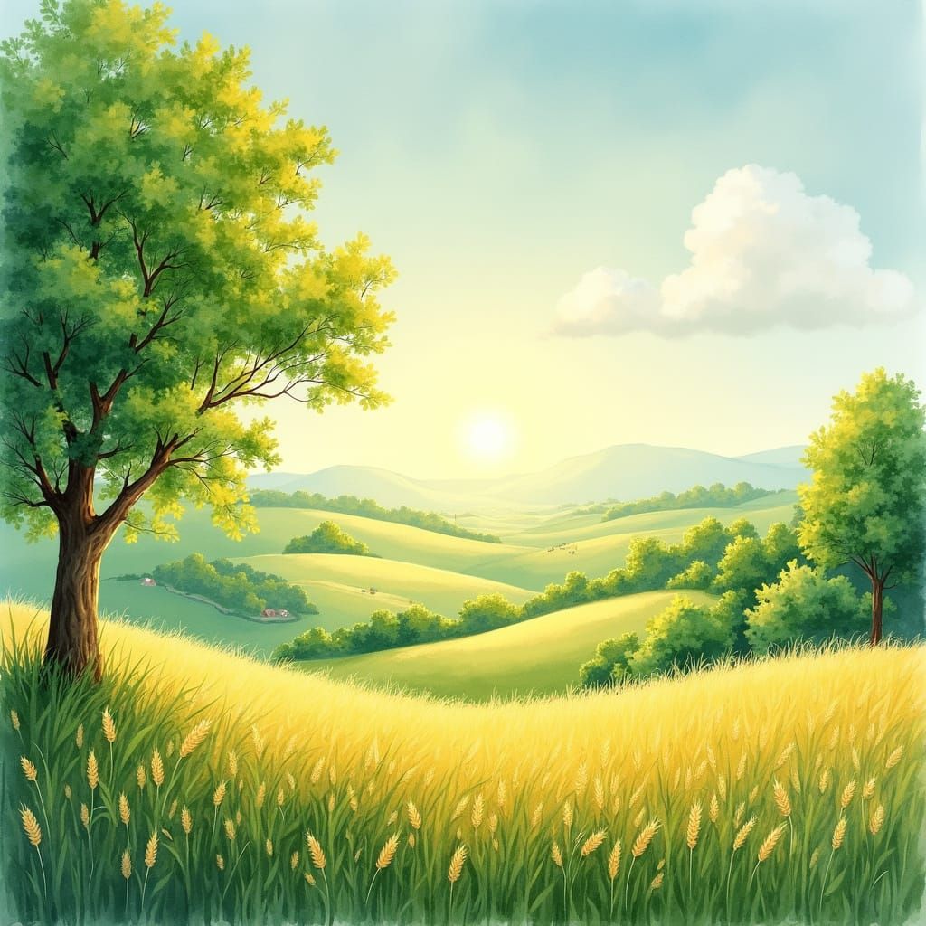 Peaceful Watercolor Farm Landscape at Dawn