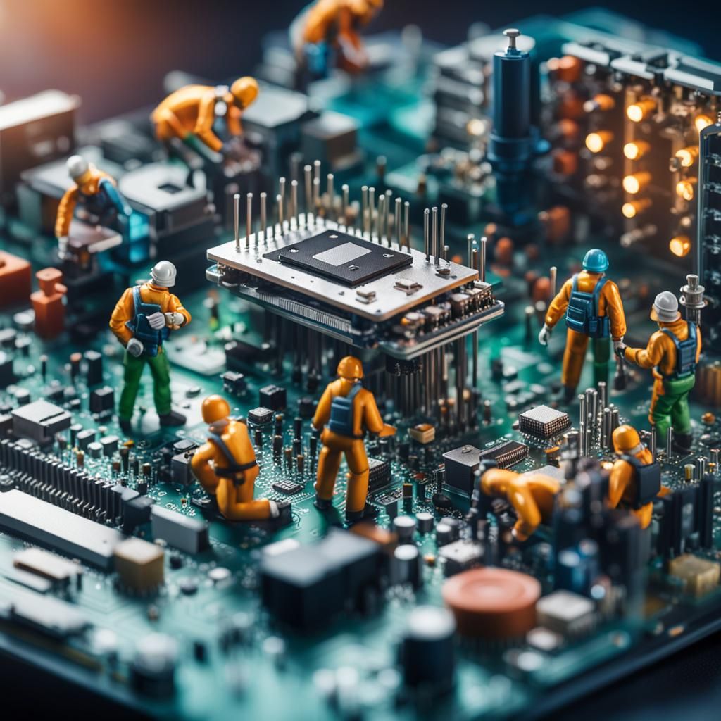 Miniature People Repairing a Computer Motherboard in 8K
