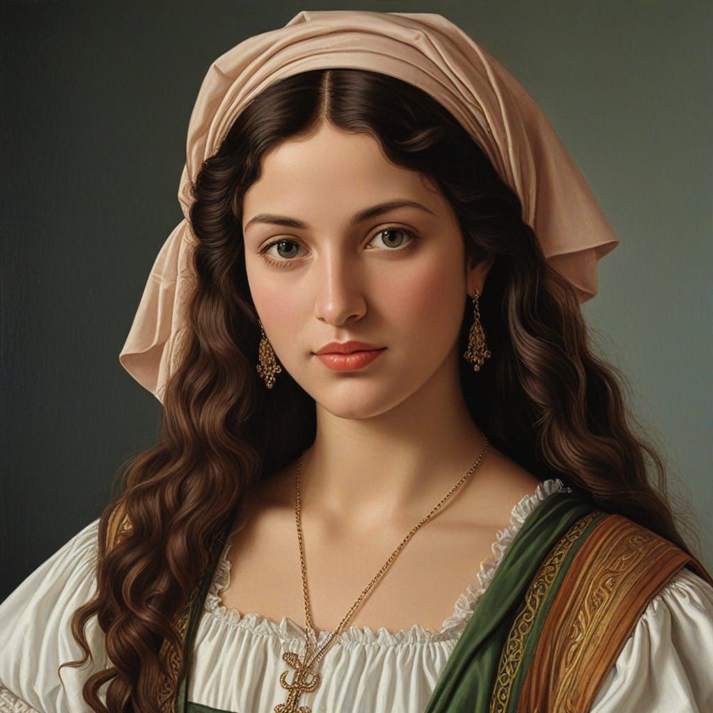 Neapolitan Woman Portrait in Botticelli Oil Painting Style