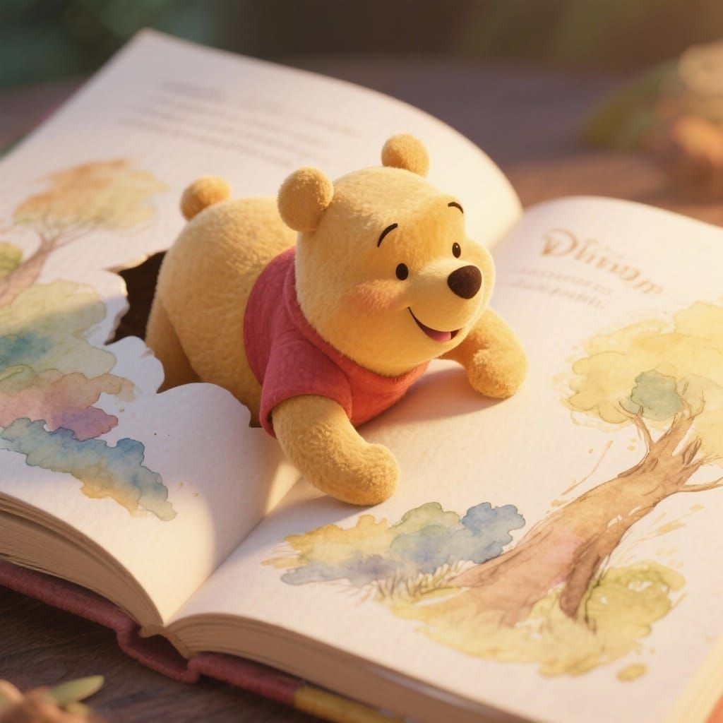 Winnie the Pooh Emerges from Watercolor Storybook