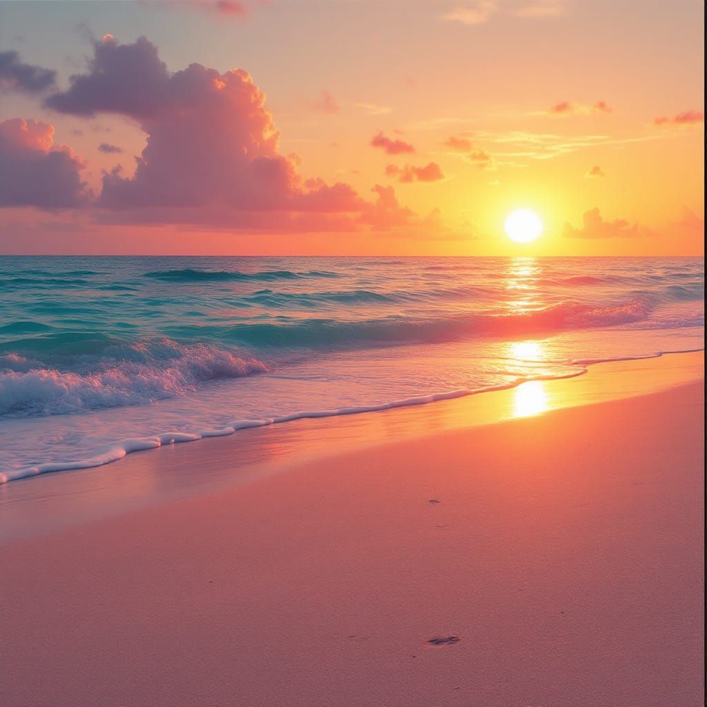 Sunset Beach: Hyperrealistic Tranquility at Dusk
