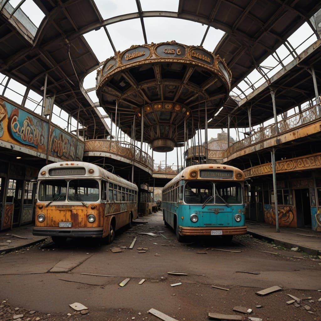 Abandoned Metropolis with Rusty Bus and Carousel