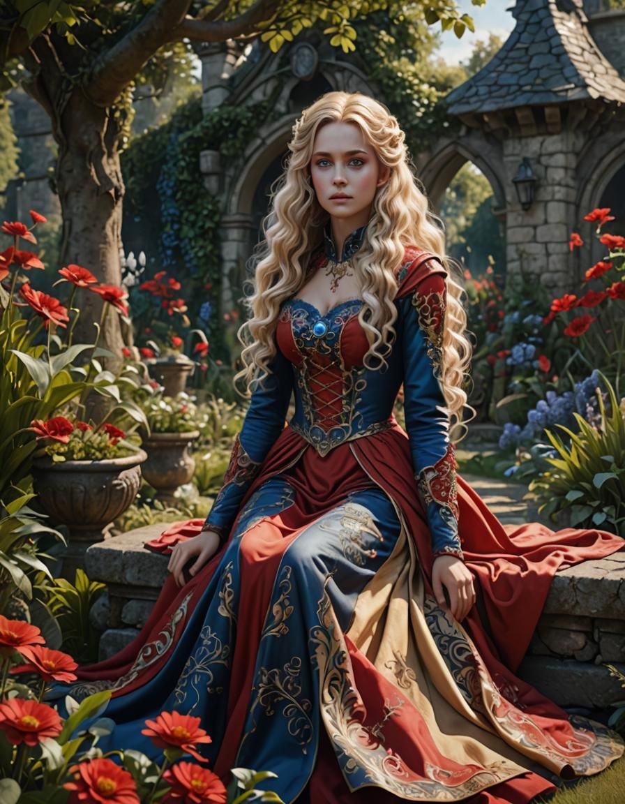 Blonde Princess in Garden, Detailed Fantasy Art