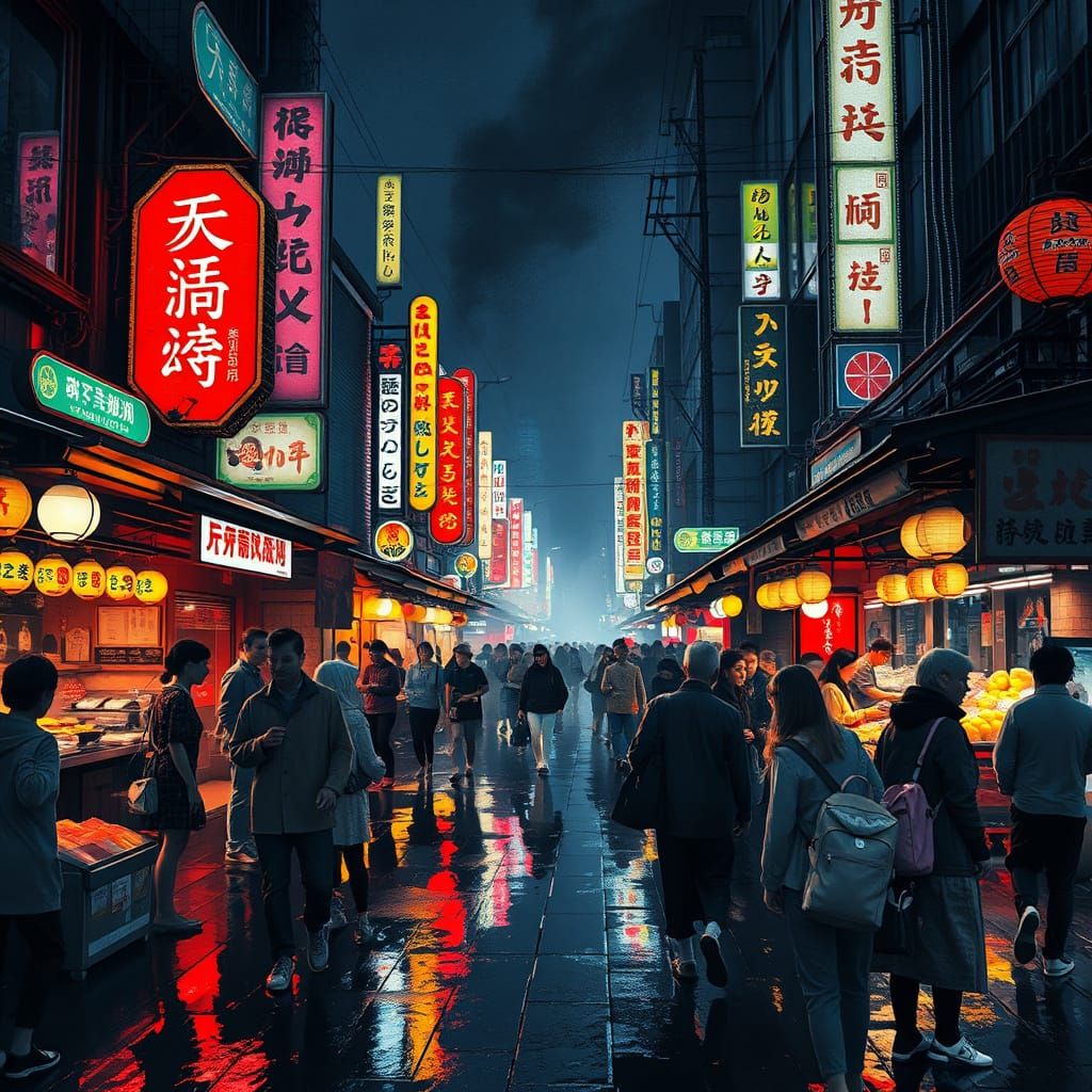 Futuristic Tokyo Night Market in Cinematic Style