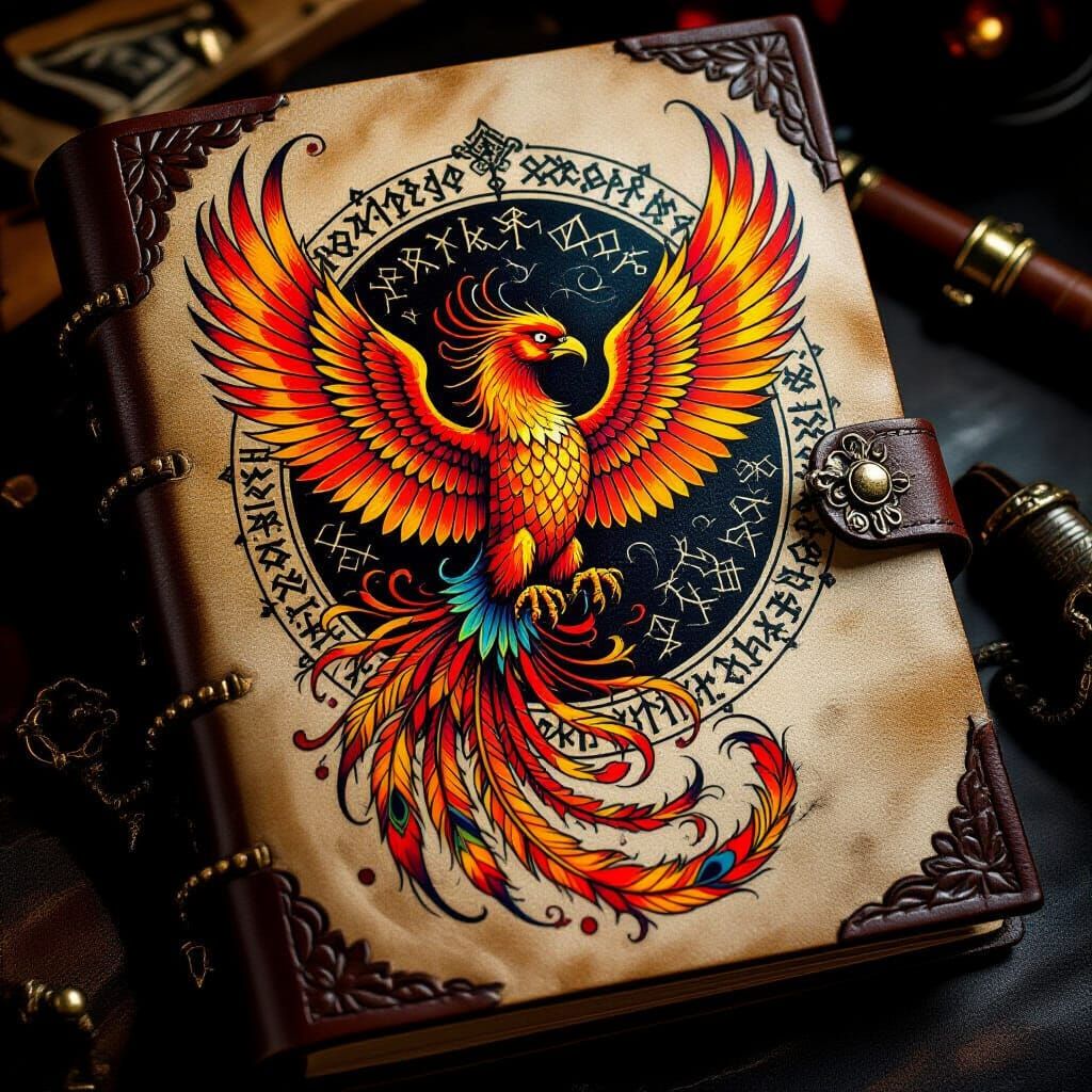 Fiery Phoenix Tattoo Design on Leather Journal