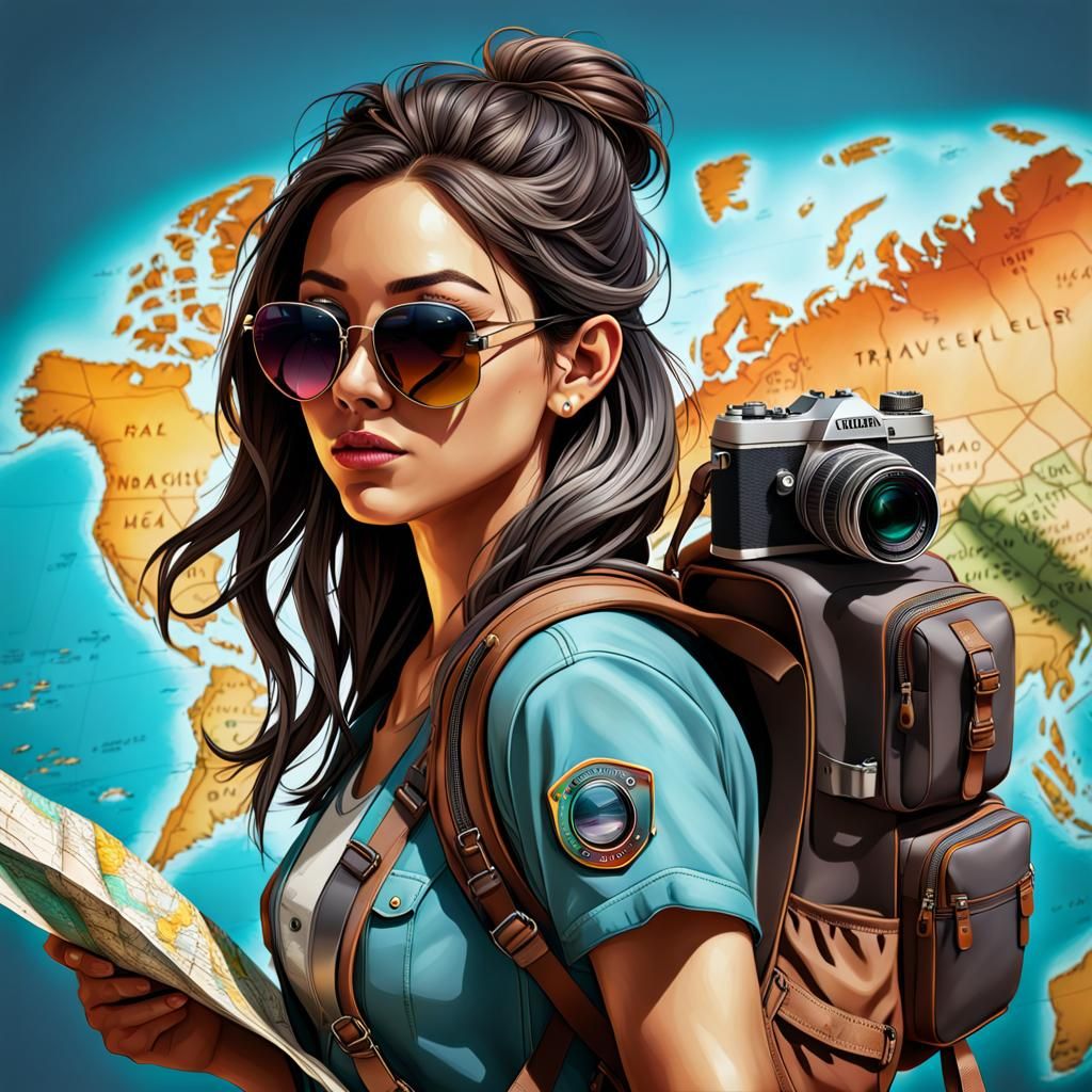 Hyperrealistic Traveler Girl with Camera and Map