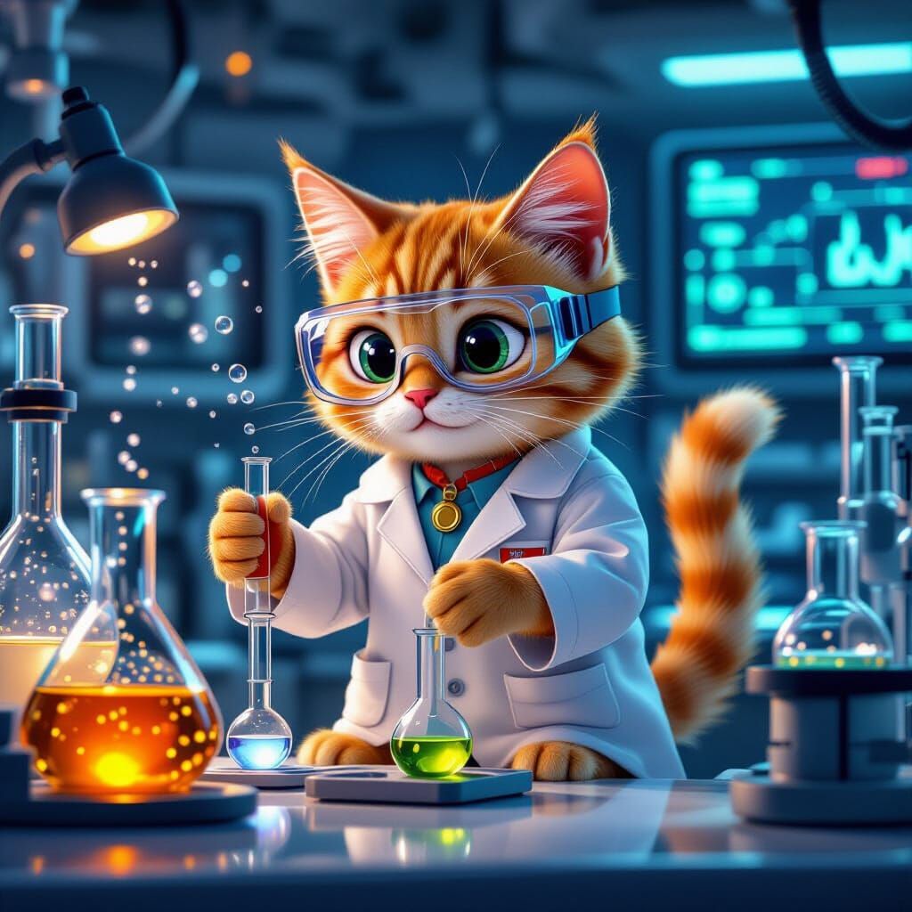 Tabby Cat Scientist Working in Advanced Lab, Pixar Style