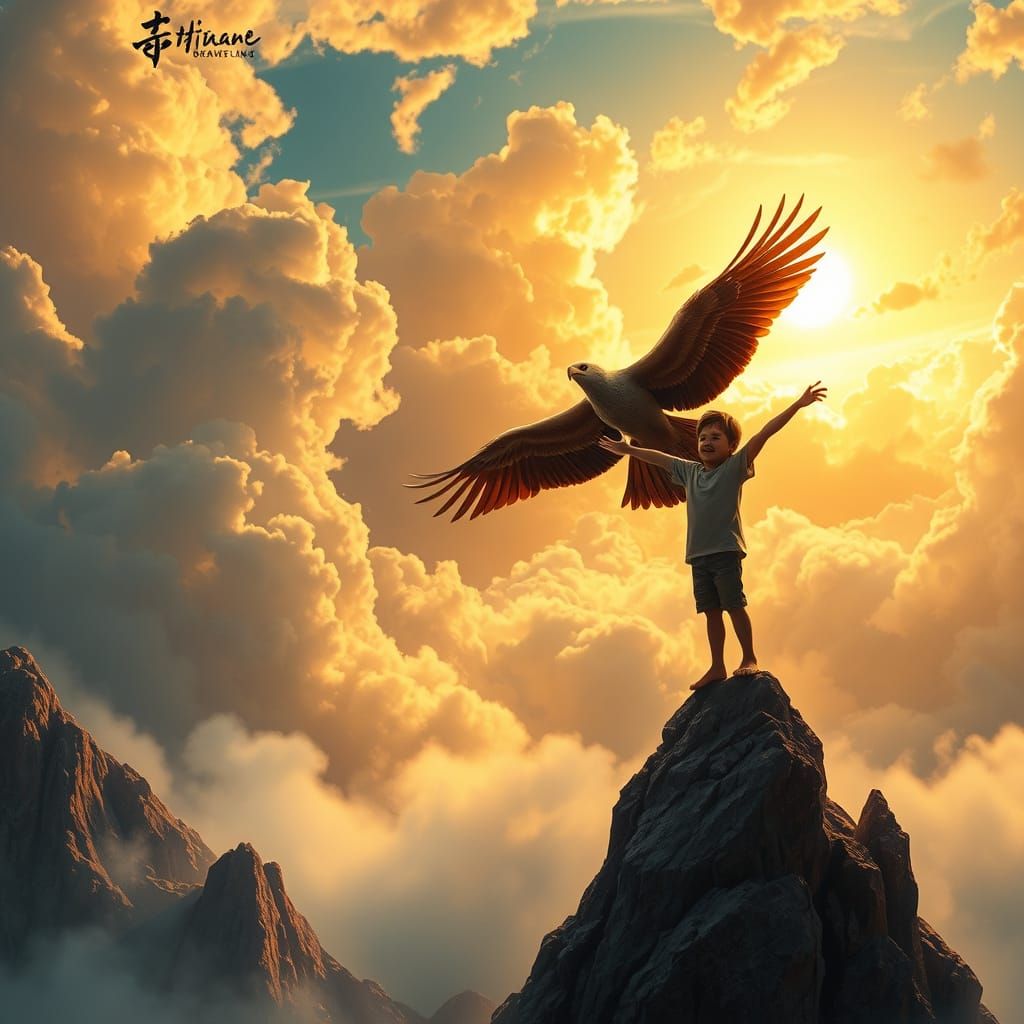 Youthful Boy Soars with Majestic Bird Amidst Golden Mountain...