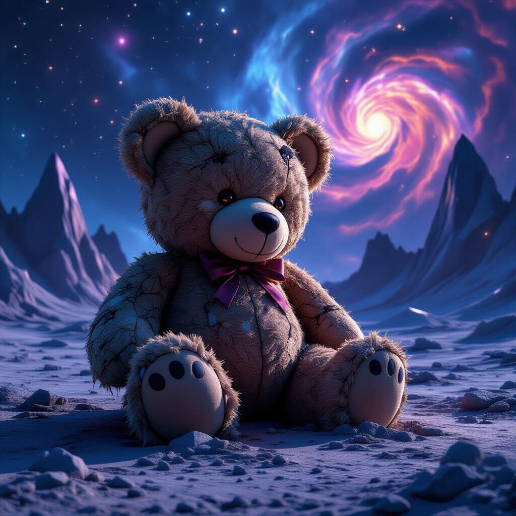Giant Ancient Teddy Bear on Alien Planet Among Stars