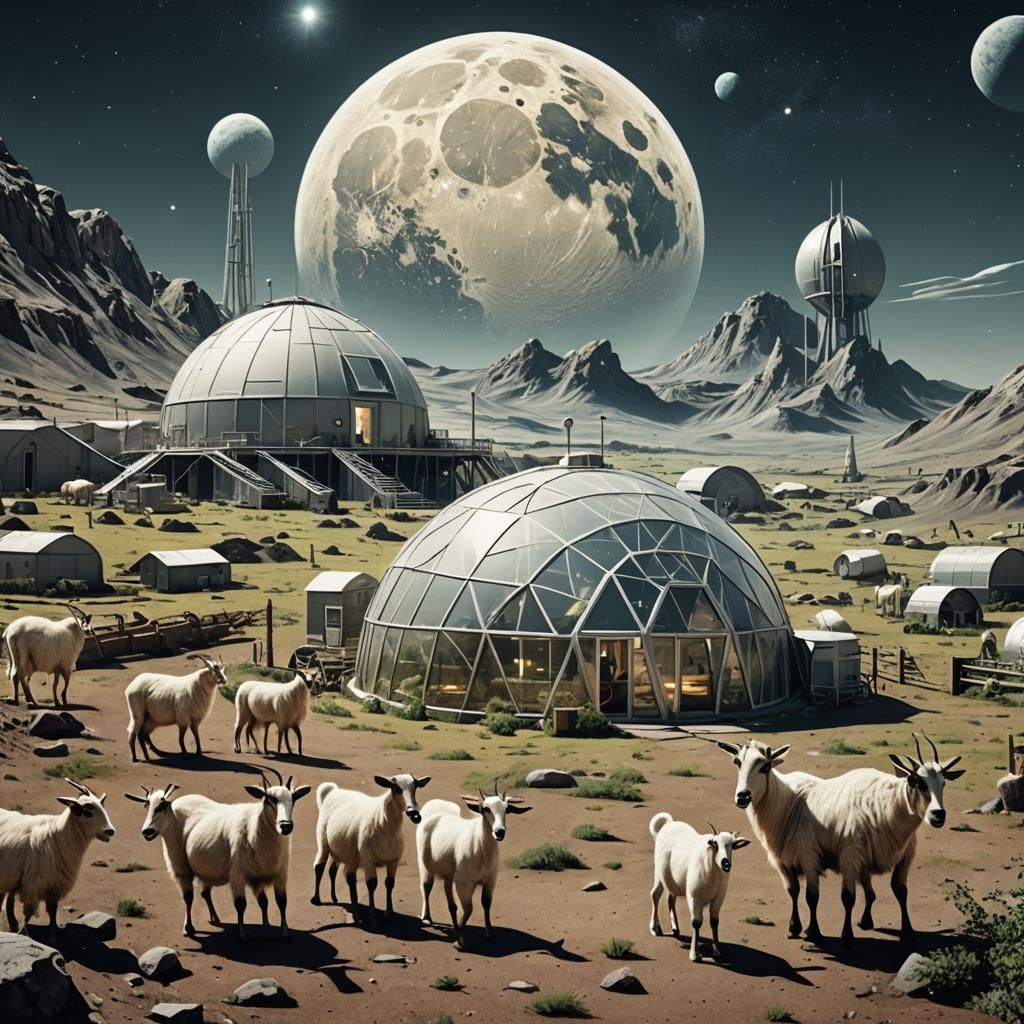 Retro-Futuristic Goats in Lunar Dome Farm