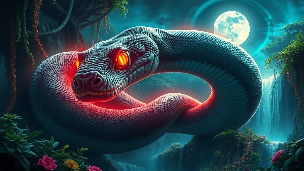 Surreal Boa Constrictor Slithers Through Lush Crystaline For...