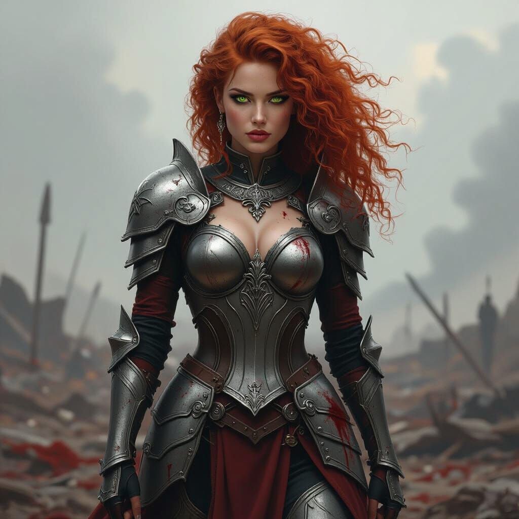 Armored Woman with Dragon Emblem on Battlefield