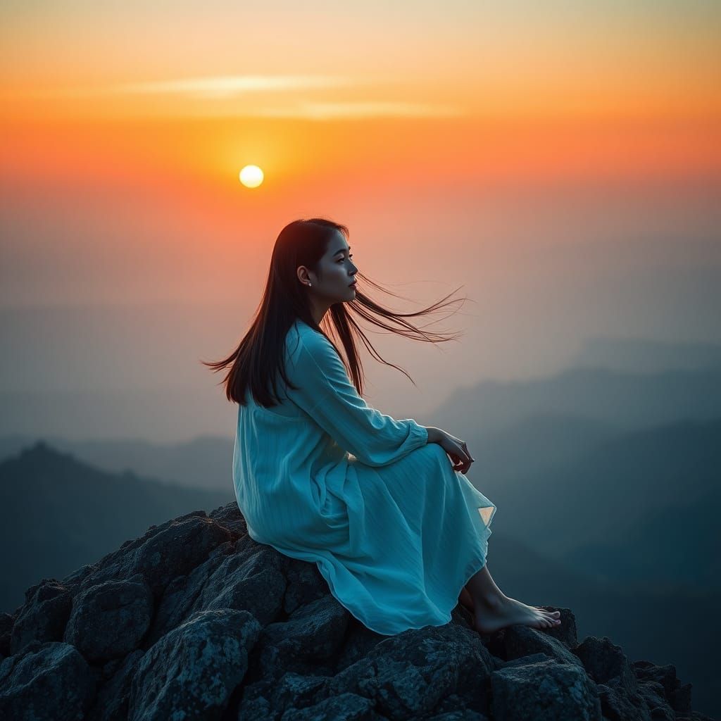 Contemplative Woman on Mountain Summit at Sunset