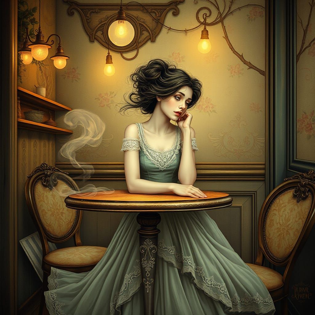 Whimsical Coffee Shop Scene in Dreamlike Realism