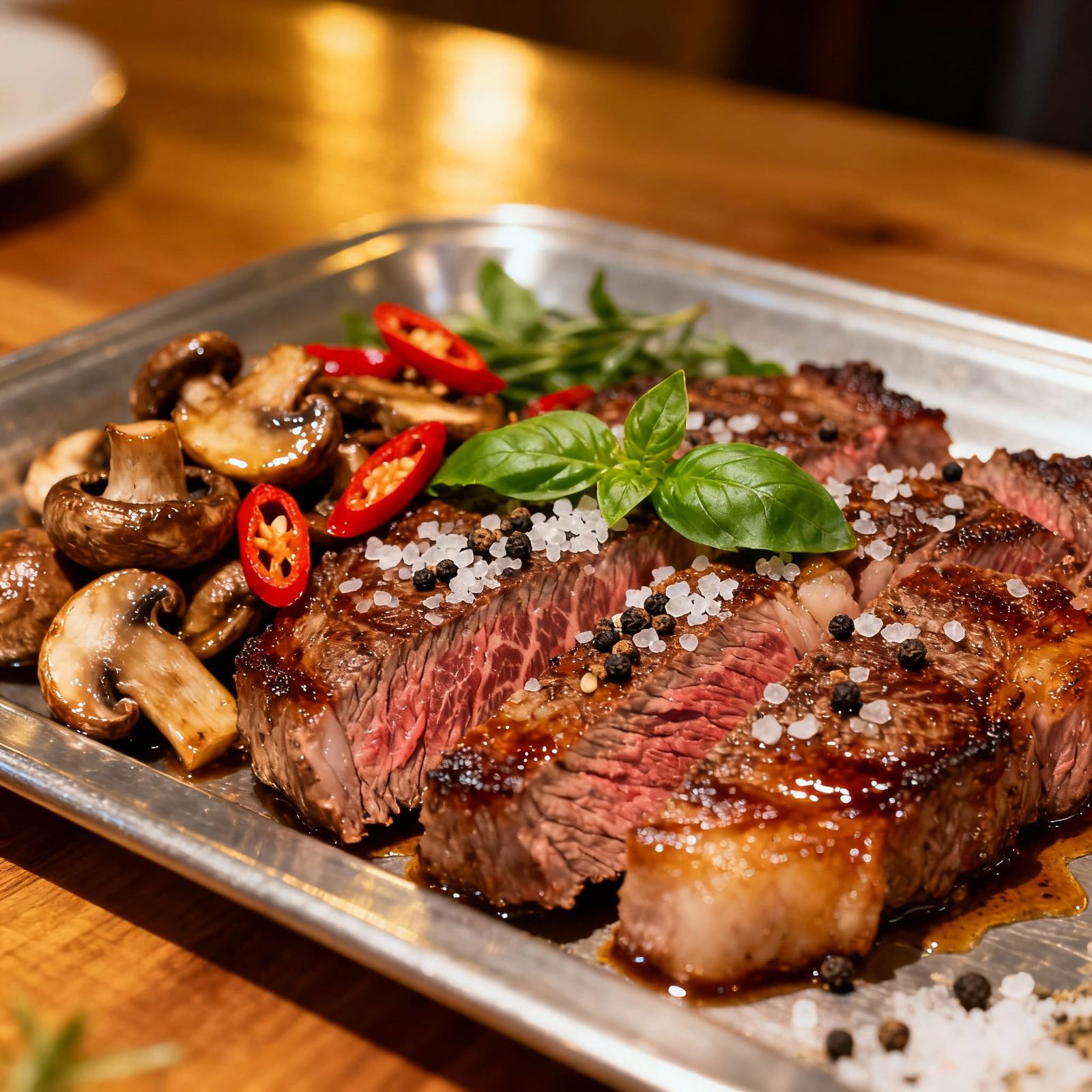 Mouthwatering Wagyu Steak Feast on Silver Tray