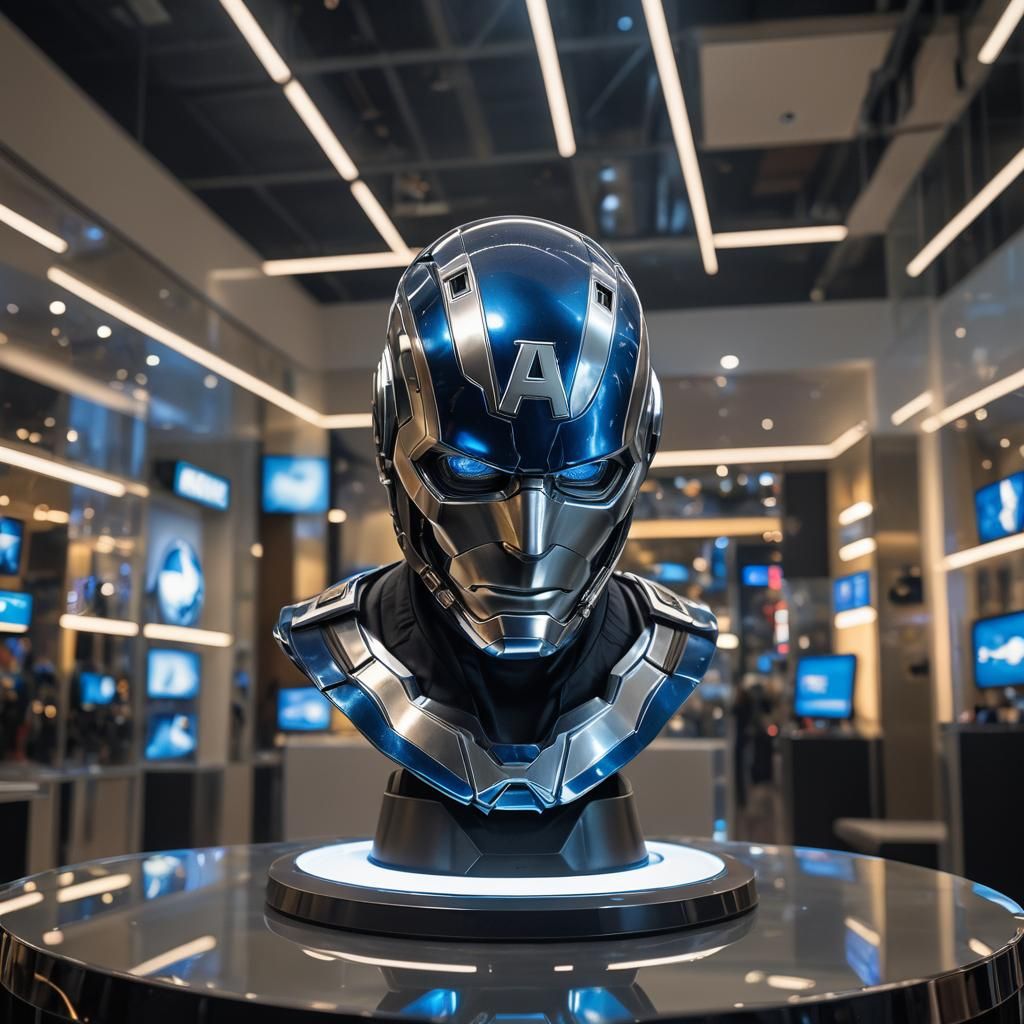 Polished Captain America Helmet in Futuristic Showroom