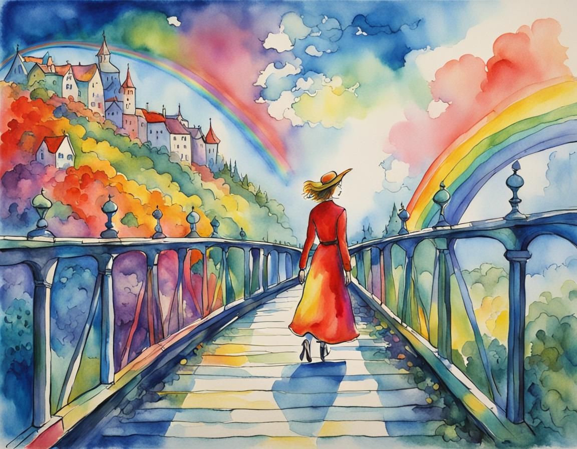 Woman on Rainbow Bridge in Whimsical Style