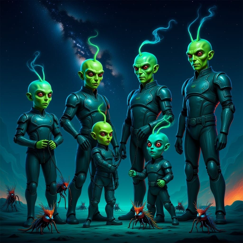 Alien Family Repairs Spaceship in Futuristic Style